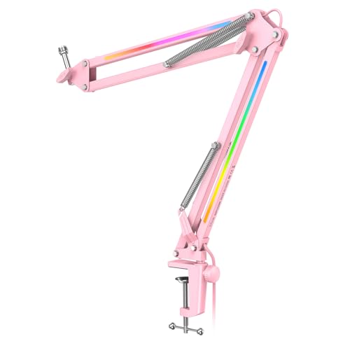 FIFINE AmpliGame BM38P Metal RGB Microphone Boom Arm for Gaming Streaming | Adjustable Suspension Scissor Mic Stand, Desk Mount Clamp, 3/8” to 5/8” Screw Adapter - color: Pink