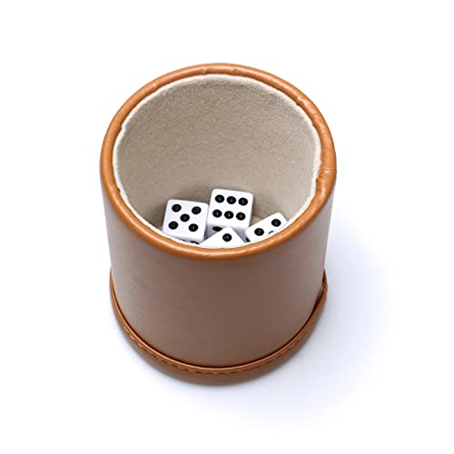 Leatherette Dice Cup Set, Camel Leather and Beige Velvet Interior Professional Dice Cup with 6 Black Dot Dice for Liars Dice Farkle Yahtzee Board Games, 1 Pack - color: Camel