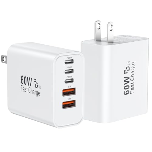 USB C Fast Charger Block, 60W USBC Wall Charger Plug, 2Pack 5-Port Type C Phone Charging Cubes Power Adapter Multiport Brick for iPhone 17/16/15/14/13/12/11/Pro Max/Plus/Air, iPad mini/Pro,Galaxy S25 - color: White