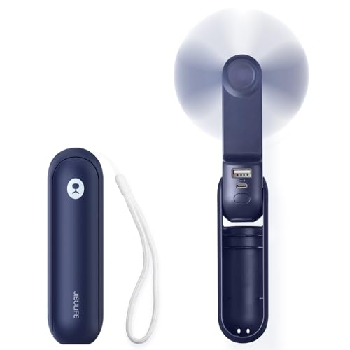 JISULIFE Portable Handheld Fan, 3 In 1-Fan, Power Bank, Flashlight, Blue | Mini Cooling Essential for Outdoor, Small, On-the-Go Pocket Hand Design, 19 Hours, Auto Shut-Off Safety Soft Blade - color: Blue