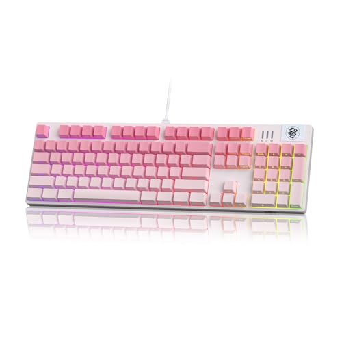 MageGee Mechanical Gaming Keyboard, Wired USB RGB Backlit Keyboard, 104-Key 100% Anti-Ghosting Mechanical Keyboard with Red Switches, Side-Printed Keycaps for Windows PC & Mac - color: Rose powder red switch