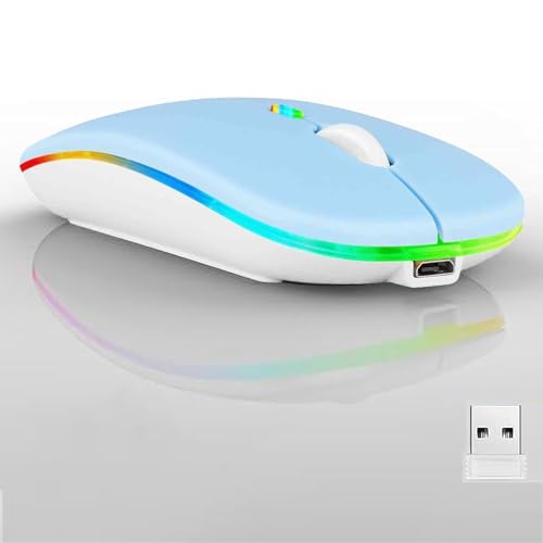 Guiheng Wireless Bluetooth Mouse,LED Dual Mode Rechargeable Silent Slim Laptop Mouse,Portable(BT5.2+USB Receiver) Dual Mode Computer Mice,for Laptop,Desktop Computer,ipad Tablet,Phone,TV (Blue) - color: blue