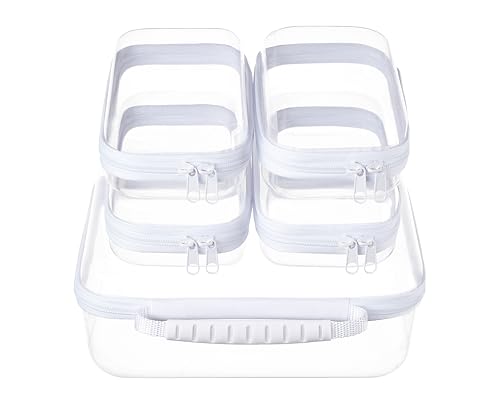 5PCS Travel Essentials for Toiletries, 1.2MM Clear Hard Shell Zipper Case | Makeup Bag for Cosmetics, Puzzles and Snacks, Clear Travel Bag for Diaper Bag Organizer, with Handles - color: White, size: Handle L+4S