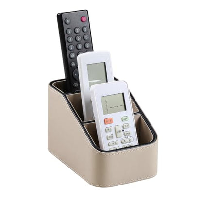 PU Leather Remote Control Holder, Small Desk Organizer Office Supply Bedside Caddy for Nightstand End Table Couch, Pen Remote Organizer with 3 Compartments (Beige) - color: Beige