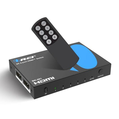 OREI 8K HDMI 2.1 Switch, 5-Port 5-in 1-Out, 8K@60Hz, HDR, Auto Switcher | hdmi switch with remote, hdmi switcher 5x1, 48Gbps, 4K@120Hz, VRR, ALLM, QFT, CEC, PS5/Xbox Compatible - size: 5x1 8K HDMI Switch
