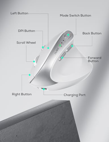 Nulea MD280 Ergonomic Vertical Wireless Mouse - Bluetooth & 2.4G Dual Mode, 4 Adjustable DPI 800/1200/1600/2400, Rechargeable, Silent Clicks, No Lag, 6 Buttons - Perfect for Laptop, Desktop White - color: White