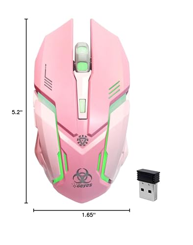 VEGCOO Pink Wireless Gaming Mouse, Silent Click Wireless Mouse with Colorful RGB LED Lights, Rechargeable Computer Mice with Side Buttons and 3 Level DPI, for Laptop and Desktop - color: Pink