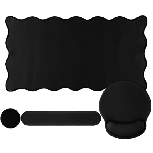 Sabary Scalloped Desk Mat Keyboard Mouse Pad Set 31.5 x 15.7 Inch Black Cute Aesthetic Preppy Table Mat Keyboard Wrist Rest Mouse Pad with Wrist Rest Coaster Ergonomic Non-Slip Waterproof Gaming Desk - color: Black, size: 31.5 x 15.7 Inch