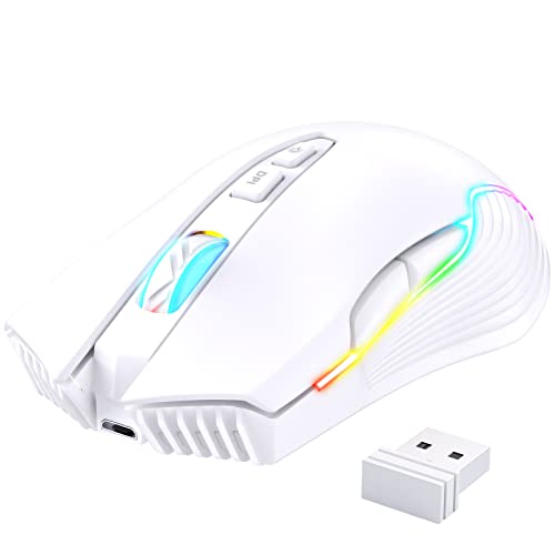 PHNIXGAM RGB Backlight Rechargeable Wireless Gaming Mouse for PC, White | Ergonomic mouse, up to 3600 DPI, 7 non-programmable buttons, works with Vista/Linux/Mac, 2.4G USB included