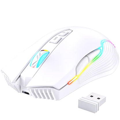 PHNIXGAM RGB Backlight Rechargeable Wireless Gaming Mouse for PC, White | Ergonomic mouse, up to 3600 DPI, 7 non-programmable buttons, works with Vista/Linux/Mac, 2.4G USB included
