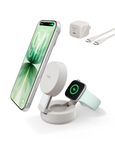 Belkin Qi2.2 25W Wireless 2 in 1 iPhone Charger, Fast Charging for Travel | Fast Charging, MagSafe Compatible, iPhone 17/16/15, Apple Watch, Travel Charger, Magnetic - color: Sand, style: 2 in 1