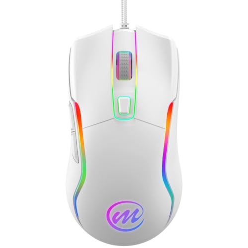 memzuoix Wired Gaming Mouse with RGB - 6 Adjustable DPI up to 12800, 6 Buttons, 12 Lighting Modes, Ergonomic Design with Anti-Slip Rubber Wheel, 5.6ft Braided Cable for PC/Mac/Windows - White - color: White