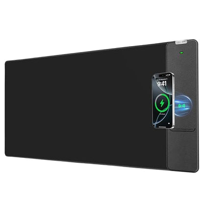Wireless Charging Mouse Pad, 31.5"x15.8" Large Desk Mat, Smooth Glide | Waterproof Mousepad, Stitched Edge, Non-Slip Rubber Base, Desk Pad Computer Keyboard Mat, No Adapter - color: Black-31.5"x15.8"-Right