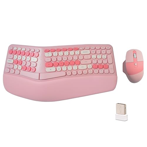 Wireless Ergonomic Keyboard and Mouse Combo with PU Wrist Rest, Carpal Tunnel Keyboard, 2.4G Colorful Split Ergo Keyboard, Comfortable Natural Typing, Compatible with PC/Laptop (Pink) - color: Pink