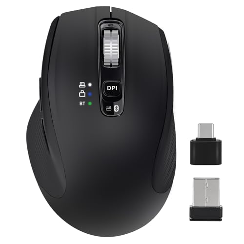 Wireless Bluetooth Mouse with USB-A, USB-C Receiver, Rechargeable, 3-Device, Full-Size, Silent Click, Ergonomic Mice for MacBook/Laptop/Computer/Tablet/PC/iPad-Black - color: Black
