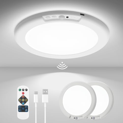 wowatt 2Pcs Battery Operated Ceiling Lights Rechargeable Motion Sensor Light Indoor Wireless Shower Light with Remote 3000K 4500K 6500K 7.48in Dimmable Timing Motion Activated Lamp for Closet Shower - color: Round-3 Changing Color, size: 2 Pack