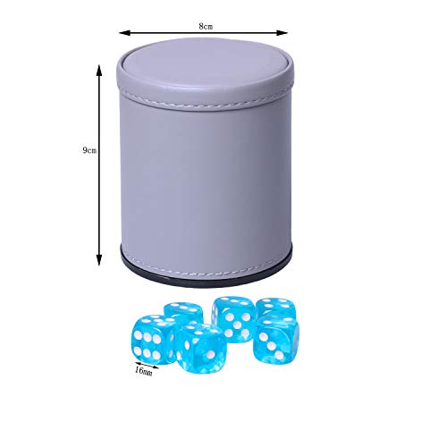 Dice Cup Set PU Leather and Felt-Lined, Quiet Shaking for Yahtzee Farkle Liars Dice Games, Includes Six 16mm Regular Dice - color: Lake Grey