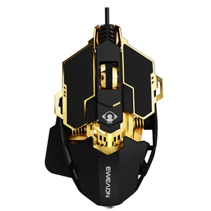EWEADN G5 Wired Gaming Mouse with Adjustable Tail, 12800 DPI Programmable Computer Mouse with RGB Backlit, 9 Macro Buttons, Rapid Fire Key & Aluminum Base Ergonomic PC Mice for Laptop, PC-Black&Gold - color: Black&Gold