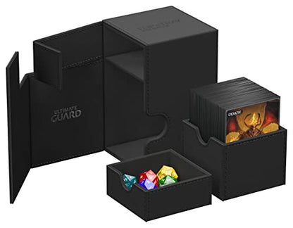 Ultimate Guard Flip'n'Tray 100+, Deck Case for 100 Double-Sleeved TCG Cards + Dice Tray, Black, Independent Magnetic Closure & Microfiber Inner Lining - color: Black, size: 100+