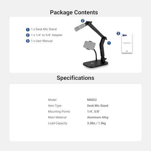 NEEWER Desk Microphone Stand with Phone Clamp & Flexible Arm, Adjustable Table Top Mic Holder Mount with 1/4" to 5/8" Screw Adapter Compatible with Blue Yeti Razer Seiren Mini, Max Load 3.3 lbs, MS022 - style: MS022