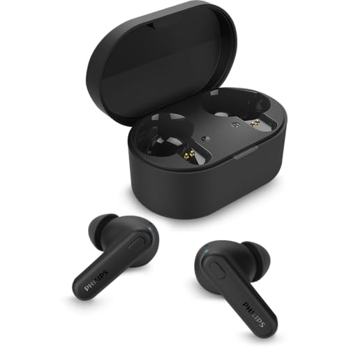 Philips TAT1108 Wireless Earbuds,True Wireless Headphones,Powerful Bass with 6 mm Driver,Clear Call with AI Mic,15-Hour Battery Life,Bluetooth v5.3,IPX4 Rating,Ergonomic Design for Comfort,Black - size: With tips, style: Ear Tip