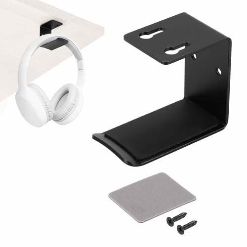 HARFINGTON Headphone Holder Stand Aluminum Headset Hook Headphone Clip Under Desk Hanger with Tape and Screws for Bedrooms Study Libraries Offices, Black - color: Black