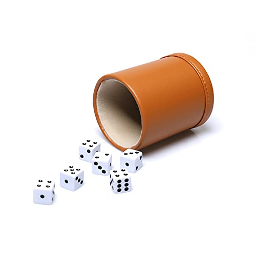 Leatherette Dice Cup Set, Camel Leather and Beige Velvet Interior Professional Dice Cup with 6 Black Dot Dice for Liars Dice Farkle Yahtzee Board Games, 1 Pack - color: Camel