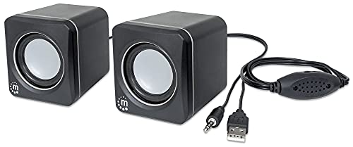 MANHATTAN USB Powered Stereo Speaker System - Small Size - with Volume Control & 3.5 mm Audio Plug to Connect to Laptop, Notebook, Desktop, Computer - 3 Yr Mfg Warranty - Black Silver, 166898 - color: Black Silver