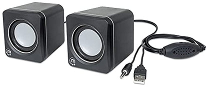 MANHATTAN USB Powered Stereo Speaker System - Small Size - with Volume Control & 3.5 mm Audio Plug to Connect to Laptop, Notebook, Desktop, Computer - 3 Yr Mfg Warranty - Black Silver, 166898 - color: Black Silver
