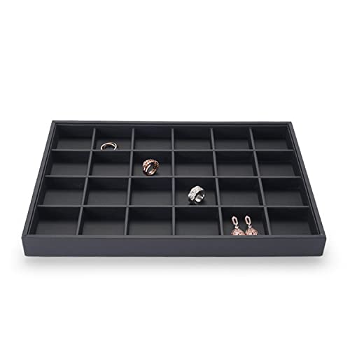 Oirlv Black Leather Jewelry Tray 24-Grid | 13.78"X9.45"X1.18" Tray with 24 Grid Inserts, Soft Velvet Lining, Perfect for Pendants and Earrings, Stackable Design - style: P01703