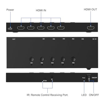 5 Way HDMI Switch 4k@60Hz HDMI Switcher 5 in 1 Out HDCP 2.0 Manual HDMI 2.0 Hub Supports 3D Compatible with Nintendo Switch/Switch OLED/Xbox/ PS5/4/3 Blu-Ray Player Fire Stick Roku Apple TV Chromeca - size: HDMI Switch 5 Port 4K