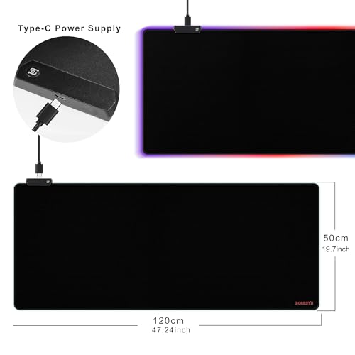 ZORESYN Large RGB Gaming Mouse Pad, 47.2x19.7 Inch Extended LED Mousepad with 9 Lighting Modes, Non-Slip Rubber Base, Smooth Surface, USB-C Powered, for PC Laptop Computer Gamer - Black - size: 47.2L x 19.7W inches