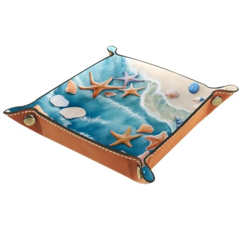 Beach Starfish Shells Dice Tray Folding Square PU Leather Dice Rolling Tray | Portable Dice Trays for Dice Games Like RPG, DND and Other Table Games, Folded 4.5x4.5x1.2inch - color: Beach Starfish Shells