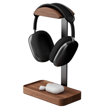 muso wood Walnut Headphone Stand, Wood Headset Stand with Storage Base, Headphones Holder for Gaming, Office, and Home Desk - Compatible with AirPods Max, Bose, Razer (Black) - color: walnut wood