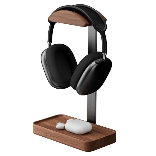 muso wood Walnut Headphone Stand, Wood Headset Stand with Storage Base, Headphones Holder for Gaming, Office, and Home Desk - Compatible with AirPods Max, Bose, Razer (Black) - color: walnut wood
