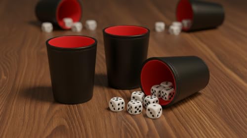 Leather Dice Cup, Quite Felt-Lined Interior, 6 Shaker Cups and 30 Dot Dices, one Carry Bag (Black and Red) - color: Black and Red