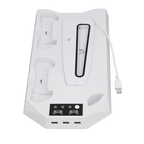 Cooling Stand with Dual Controller Charger, Quiet Adjustable Fan Vertical Station for Slim Disc Digital Edition, 3 USB Hub Console Stand for 5 Accessories (White)