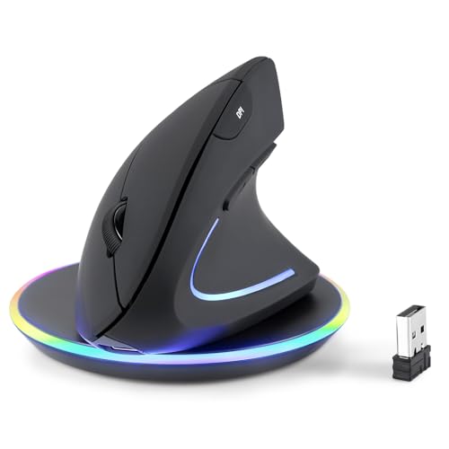 Perixx PERIMICE-713RX Wireless Rechargeable Vertical Mouse - Duo Wired and Wireless Charging Feature - Charging Pad Included - 6 Buttons Design - Black - Right-Handed Design - style: Wireless Rechargeable with Charging Pad
