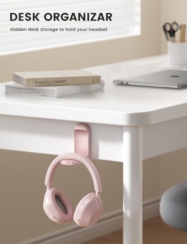 Lamicall Headphone Stand, Sticky Headset Holder - Foldable Headphone Holder Hook Mount, Adhesive Headset Hanger Clip Under Desk, Earphone Clamp for Airpods Max, HyperX, Sennheiser, Pink - color: Pink
