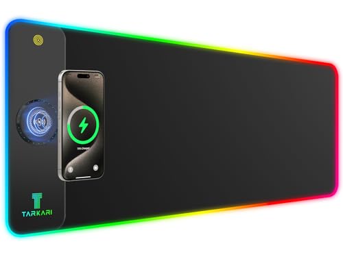 TARKARI Magnetic Wireless Charging RGB Mouse Pad, Large Gaming Desk Mat Waterproof, 31.5"x11.8" Black Mousepad, Ultra-Smooth Surface, Non-Slip Rubber Base, Desk Pad for Keyboard Laptop - color: Black