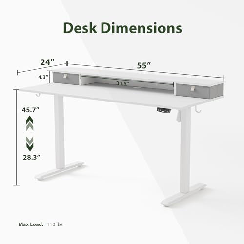 Agilestic 55 x 24 Inches Electric Standing Desk with 2 Storage Drawers, Stand Up Desk Adjustable Height, Sit and Stand Computer Table with Splice Board, White - color: White, size: 55 x 24 Inches with 2 drawers