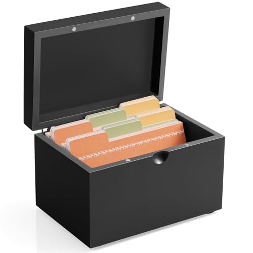 DRASTAR Index Card Holder 3x5, Wooden Index Card Organizer Box with 45 Index Card Dividers, Flashcard Notecard Holders for Home Office, Black - color: Black