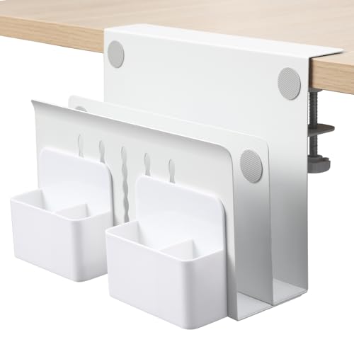 MAXECHO Desk Side Storage, Under Desk Laptop Mount, Table Side Hanging File Organizer, No Drill Clamp On Cable Management Tray, Laptop Holder with Magnetic Pen Holder for Office and Home, Load 22 Lbs - color: White, size: Double-deck with Pen Holder