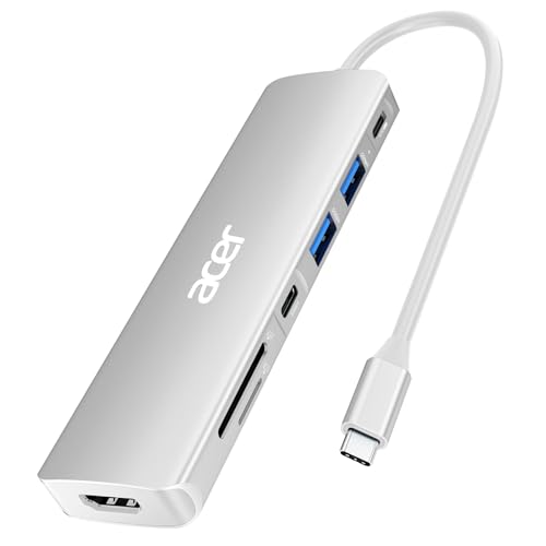 Acer USB C Dock, 7 in 1 USB-C to HDMI Hub, 2 USBA 3.1 GEN1 and 5Gbps Type-C Data Port, 4K HDMI Port, PD 100W Charging, SD Card Reader, for iPad Pro MacBook Pro Laptops and More (Silver) - color: Silver