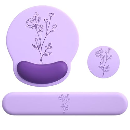 Mouse Pad with Keyboard Wrist Rest,Ergonomic Mouse Pad Wrist Support PU Base with Coaster,Mousepad with Nonslip Base for Computer Laptop Keyboard Home&Office - color: N-Purple Plants