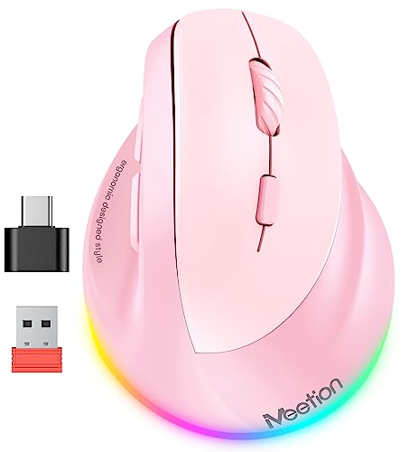 MEETION Wireless Ergonomic Mouse, RGB Backlit Rechargeable Right Hand Mouse, Bluetooth & 2.4G USB-A with Type-C Adapter, 4 Adjustable DPI, Compatible with Mac/Windows/Android/PC/Tablet Laptop,/Pink - color: Pink
