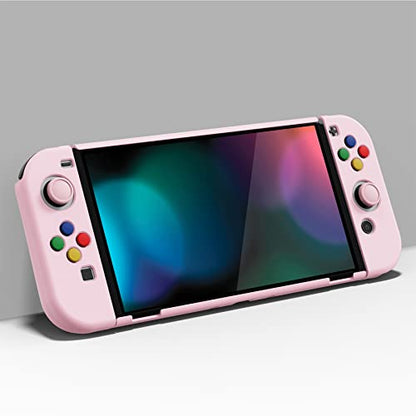 PlayVital AlterGrips Protective Slim Case for Nintendo Switch OLED, Ergonomic Grip Cover for Joycon, Dockable Hard Shell for Switch OLED w/Thumb Grip Caps & Button Caps - color: Peach Blossom Pink