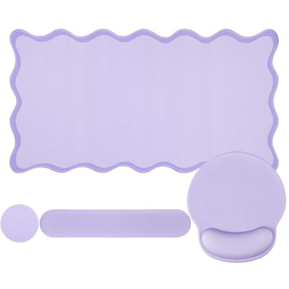 Sabary Scalloped Desk Mat Keyboard Mouse Pad Set Purple 31.5 x 15.7 Inch Preppy Table Mat Keyboard Wrist Rest Cute Aesthetic Mouse Pad with Wrist Rest Coaster Ergonomic Non-slip Waterproof Gaming Desk - color: Purple, size: 31.5 x 15.7 Inch