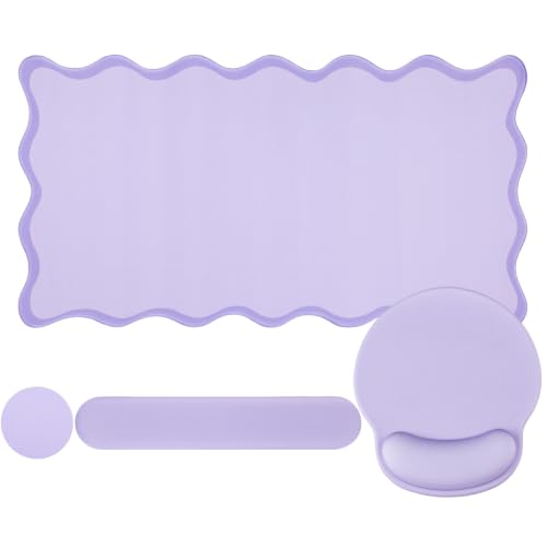 Sabary Scalloped Desk Mat Keyboard Mouse Pad Set Purple 31.5 x 15.7 Inch Preppy Table Mat Keyboard Wrist Rest Cute Aesthetic Mouse Pad with Wrist Rest Coaster Ergonomic Non-slip Waterproof Gaming Desk - color: Purple, size: 31.5 x 15.7 Inch