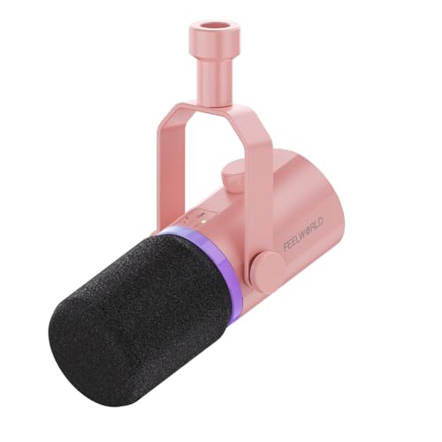 FEELWORLD PM1 XLR USB Dynamic Microphone Gifts for Podcast Recording PC Computer Gaming Live Streaming Vocal Voice-Over, Studio Metal Mic with RGB Light, Mute Button, Headphones Jack (Pink) - color: Pink